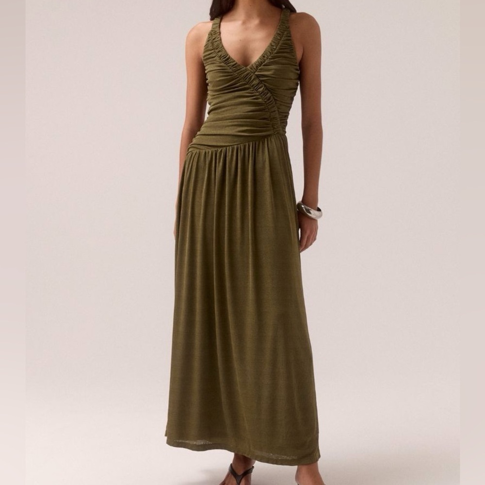 NWT SOVERE studio Anthropologie Rua maxi ruched dress in olive knit XS